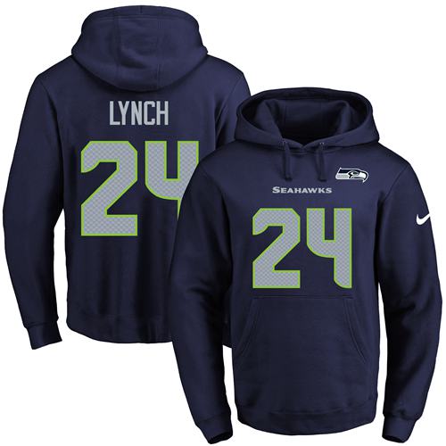 Nike Seahawks #24 Marshawn Lynch Navy Blue Name & Number Pullover NFL Hoodie
